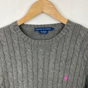 Ralph Lauren Cable Knit Sweater Gray & Purple Classic Preppy Cotton Large